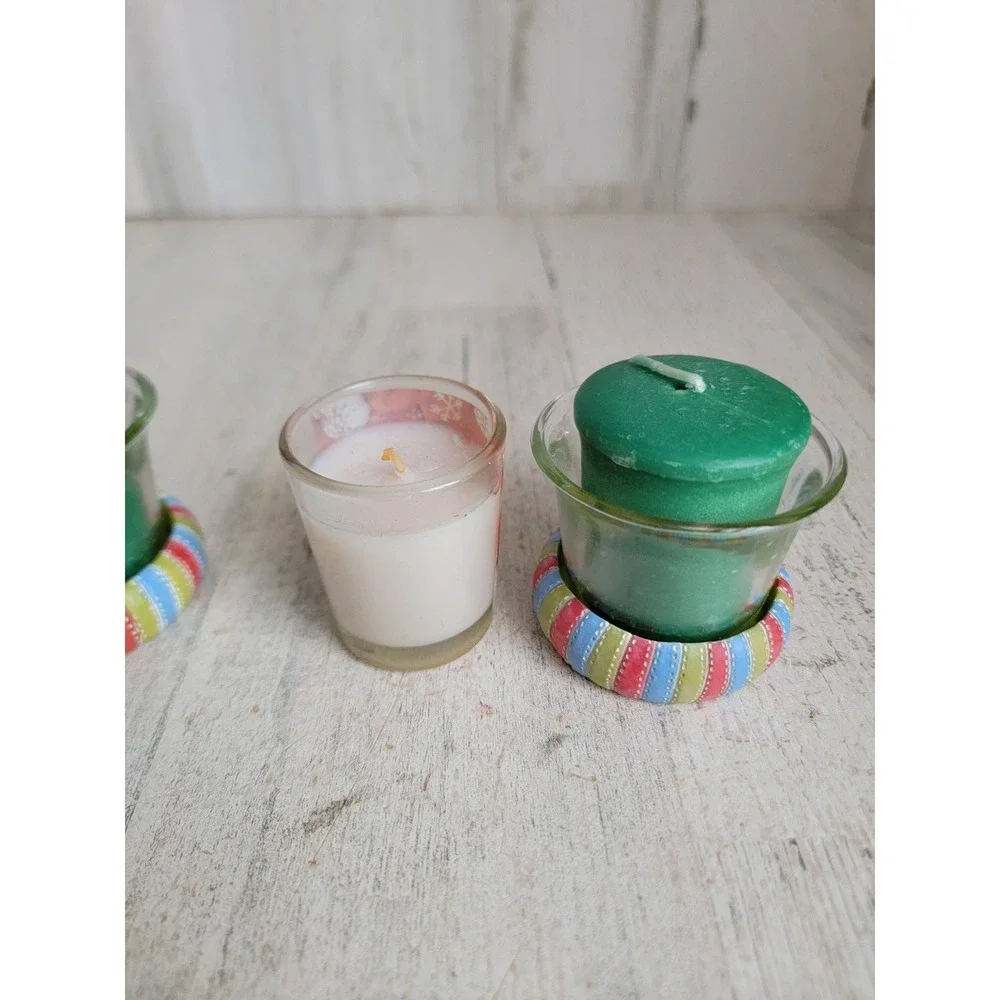 Mini candle Xmas set snowflake green holder home decor striped‎ unique